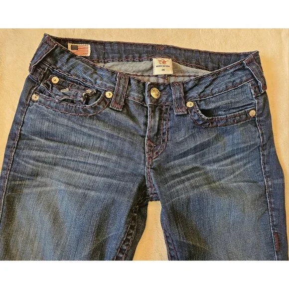 True Religion Julie Super T Jeans Womens 29 Dark Wash Thick Purple Stitch Y2K - Picture 2 of 15